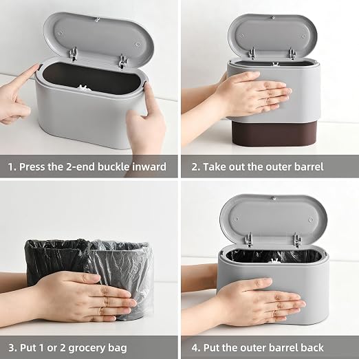 SUBEKYU 0.5 Gal Mini Countertop Trash Can with Lid for Desktop, Small Garbage Can for Office, Tiny Wastebasket, Plastic, Light Grey - Image 4