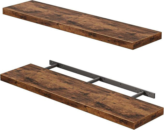 Fixwal Wall Shelves, 35" Long Heavy Duty Wall Mounted Rustic Wood Shelves for Living Room, Bedroom, Bathroom and Kitchen, Wall Shelves for Storage, Books, Room Decor (Rustic Brown, Set of 2) by Fixwal
