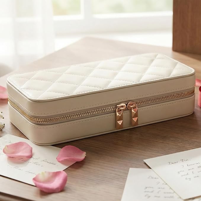 Travel Jewelry Case with Mirror, Quilted Small Jewelry Box Organizer for Women Girls, Portable Earring Necklace Bracelet Ring Holder Storage for Travel Weekend Trips (Beige) - Image 6
