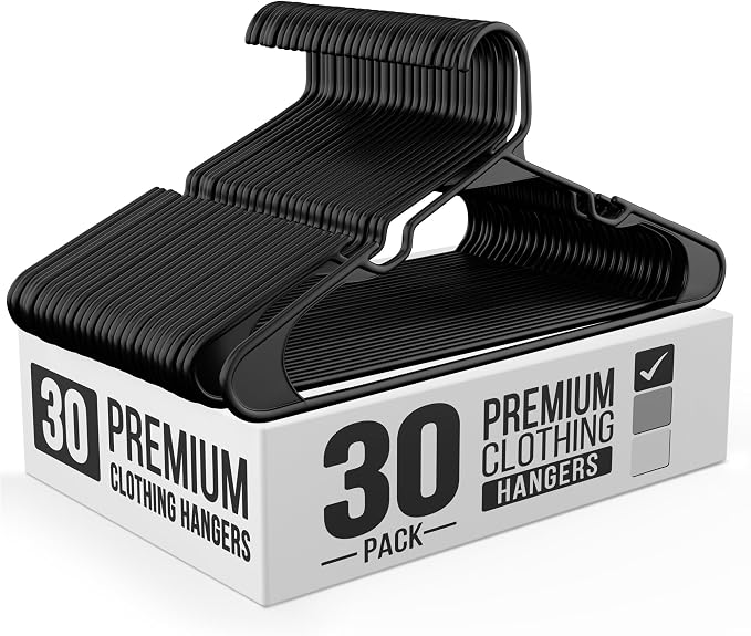 Our Modern Space 30 Pack Adult Plastic Hanger for Shirt Pants Coats Dresses Skirts Suits Jackets - Standard Thick Coat Hanger - Sturdy & Durable Design with Shoulder Grooves Hook - Black by OurModernSpace