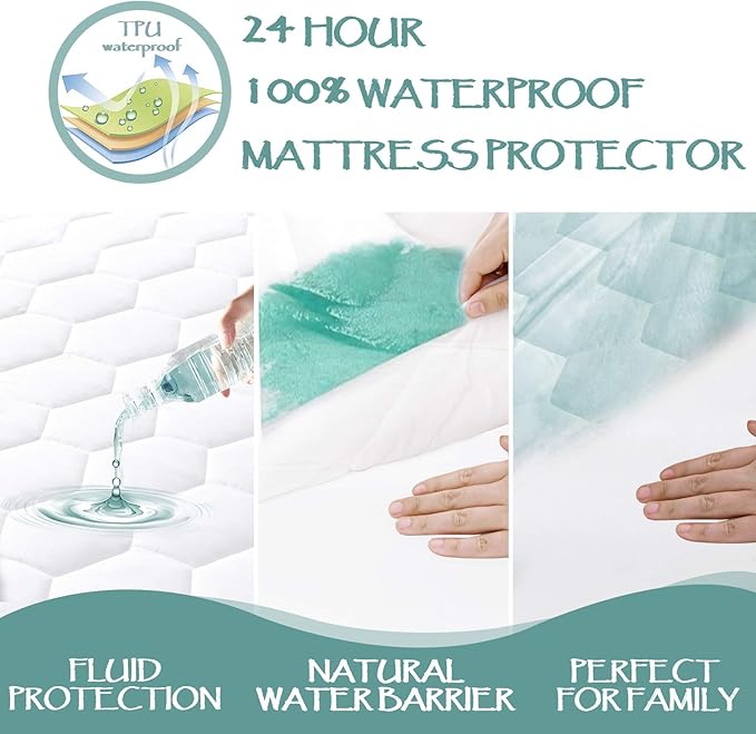 Queen Quilted Waterproof Mattress Pad Cover,Soft Mattress Pad Cover, Waterproof Mattress Protector Stretches up to 16” Deep Pocket-Hollow Alternative Filling-Cooling Mattress Topper