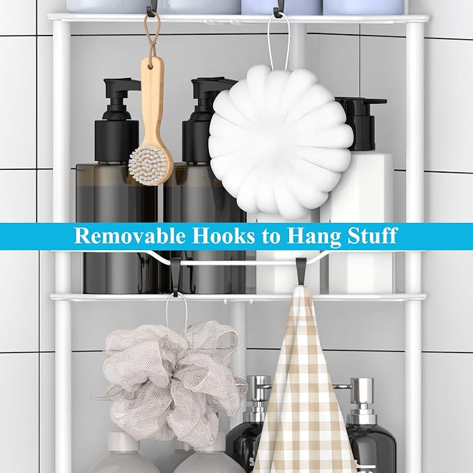 HuggieGems 4 Tier Floor Standing Corner Shower Caddy Organizer Shelf with Hooks, Bathroom Shelves Stand Rack, White - Image 5