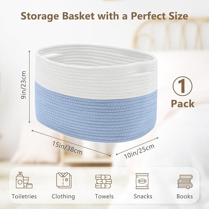 ECDYQXVU Cotton Rope Storage Basket, 15x10x9 Inches, Woven Basket for Shelves, Clothes, Towels, Books, and Laundry, White Blue (1 Pack) - Image 3