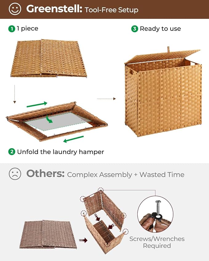 Greenstell Laundry Hamper with lid, No Install Needed, 130L Wicker Laundry Baskets Foldable 2 Removable Liner Bags, 2 Section Clothes Hamper Handwoven Rattan Laundry Basket with Handles, Natural - Image 5