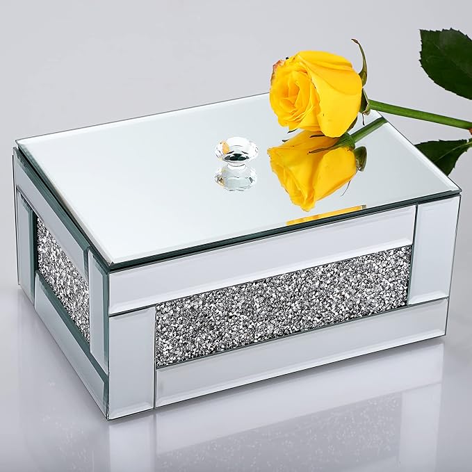 Hipiwe Glass Mirrored Jewelry Box with Crushed Diamond Decor, Trinket Organizer Box Luxury Rings Earrings Necklace Storage Keepsake Box Treasure Chest Case, Silver Large Size - Image 4