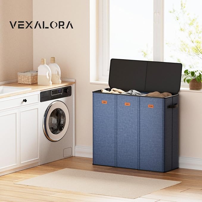 185L Laundry Hamper 3 Section, Laundry Hamper with Lid, Dirty Clothes Hamper with 3 Removable Washing Bags, Extra Large Laundry Basket Organizer for Bedroom, Laundry Room, Dorm - Navy Blue - Image 4