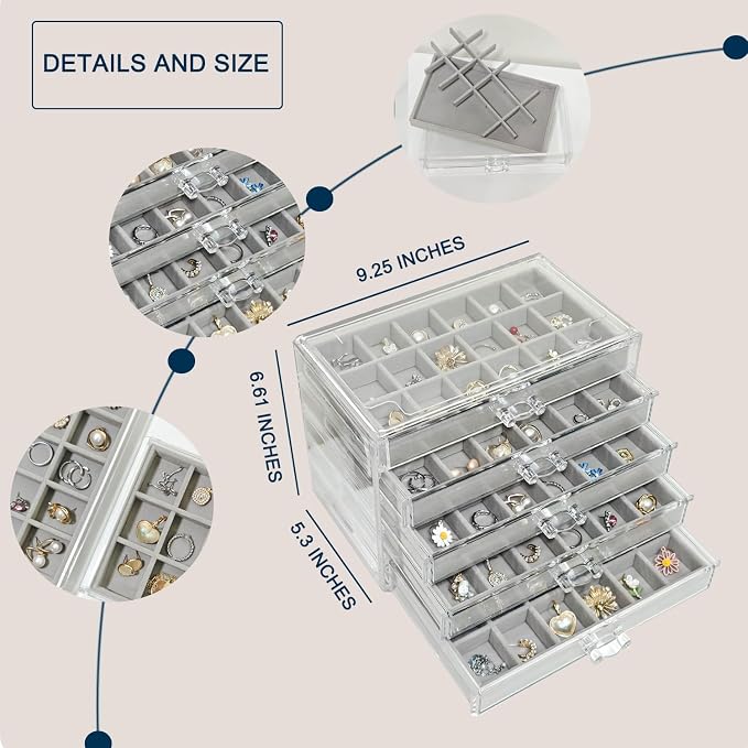 Acrylic Earring Holder Organizer with 5 Drawers Clear Earring Organizer Box with 90 Adjustable Grids Velvet Earring Display Case Jewelry Organizer for Earrings Rings Studs (Grey) - Image 3