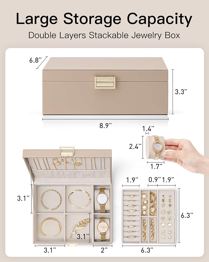 VLANDO Jewelry Organizer,2 Layer Jewelry Box Large Jewelry Organizer for Women Removable Jewelery Tray with Watch Pillow for Necklace Earrings Rings Bracelets (Toffee) - Image 3