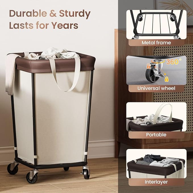 160L Laundry Basket with Wheels, 2-section Rolling Laundry Basket, Large Laundry Hamper with Wheels, Rolling Laundry Hamper Clothes Hamper for Home, Bathrooms and Dorm(Beige) - Image 6
