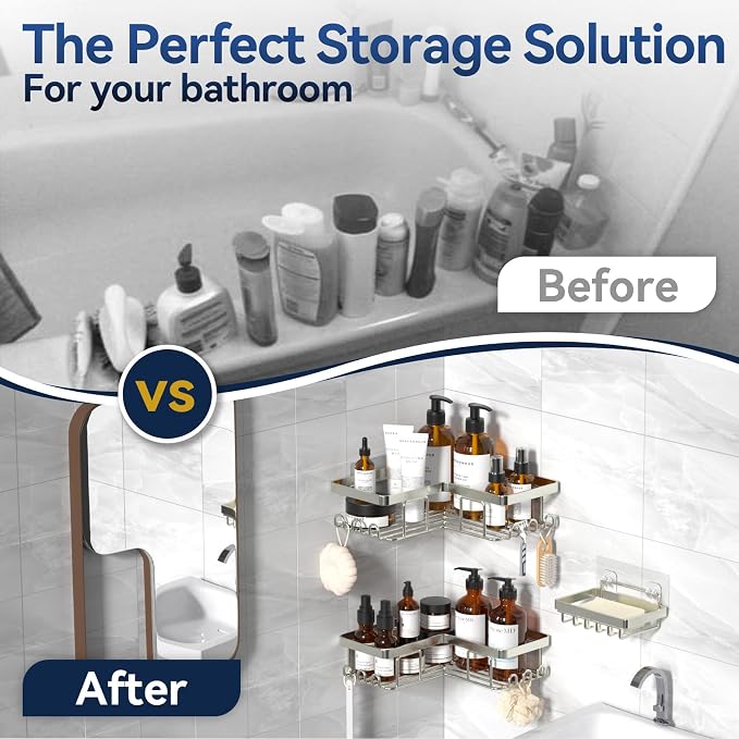 YASONIC Corner Shower Caddy, 3-Pack Adhesive Shower Caddy with Soap Holder and 12 Hooks, Rustproof Stainless Steel Bathroom Organizer, No Drilling Wall Mounted Shower Rack, Nickel - Image 7