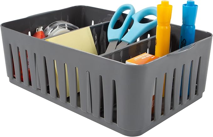 Simplify 4 Pack 3 Compartment Stackable Bin with Adjustable Dividers | Drawer Organizer | Storage Basket | Good for Office | Desk Supplies | Dorm | Bathroom | Accessories | Make Up | Grey - Image 7