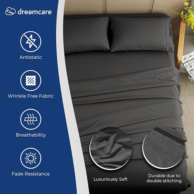 DREAMCARE Twin XL Sheet Sets - 4 pcs Breathable Cooling Bed Sheets - up to 15" Deep Pocket Twin XL Sheets Set with Side Pockets - Extra Soft 100% Brushed Hypoallergenic Hotel Luxury Bedding - Gray