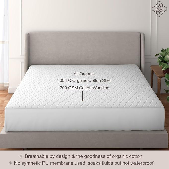 Bioweaves 100% Organic Cotton Mattress Pad Cover, GOTS Certified Cooling 300 GSM Quilted Fitted Mattress Topper & Protector with Soft Cotton Wadding - White, 20 Inch Deep Pocket, Twin