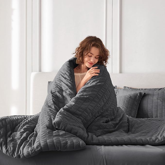 MUXHOMO 7 Pieces Full Comforter Set, Seersucker Bed in a Bag Full Size, All Season Luxury Bedding Set with Comforter, Flat Sheet, Fitted Sheet, Pillowcases & Shams, Dark Grey