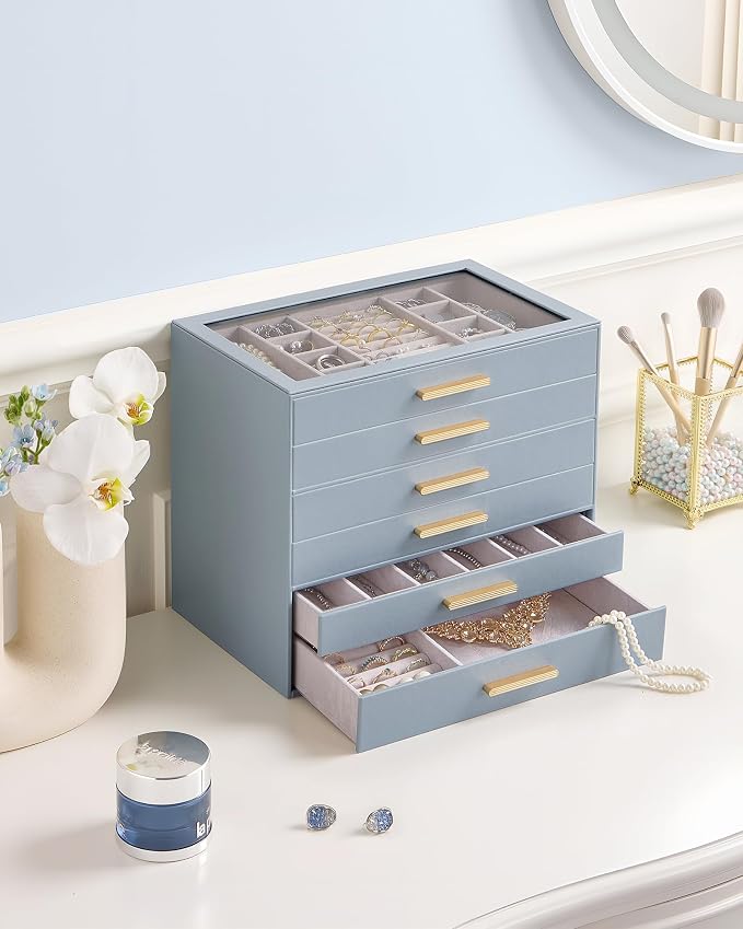 Lolalet Jewelry Box Organizer, 6-Layer Jewelry Organizers and Storage Case with Glass Lid, Ring Earring Bracelet Necklace Holder Organizer, Birthday Valentine Gifts for Women Girls -6Layer, HazeBlue - Image 2