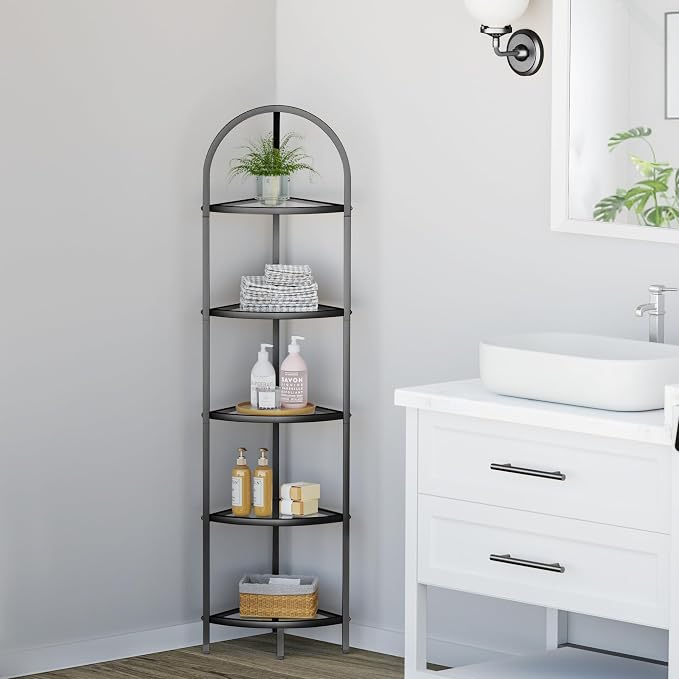 Homhedy 5-Tier Corner Shelf Stand, Metal Corner Bookshelf, Tempered Glass Shelves, Bathroom Storage Rack Shelf, Plant Stand, Modern Style, Black - Image 5