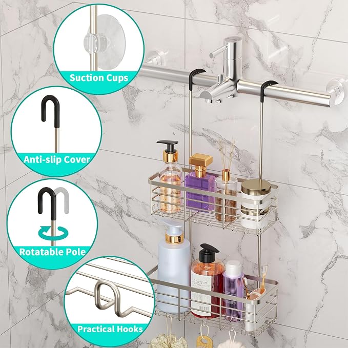 HapiRm Hanging Shower Caddy Organizer - No Drilling Shower Organizer with Hooks, Rustproof & Waterproof 304 Stainless Steel Bathroom Shelves - Brushed Nickel - Image 2