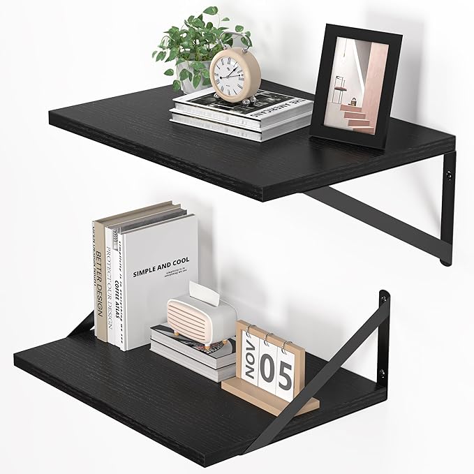 Heimlove Black Deep Floating Shelves for Wall, 16W x 12D Wood Wall Shelves Set of 2, Wide Floating Bookshelf for Living Room, Kitchen, Office, Bedroom and Decor Storage, with Metal Bracket - Black by Heimlove