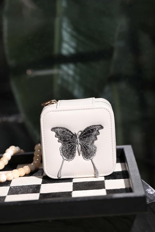 S.Leaf Travel Jewelry Organizer Boxes for Women Small Portable Necklace Earrings Bracelet Rings Travel Case Best Friend Birthday Gifts for Women Trendy (Butterfly_Beige_Gray) - Image 2