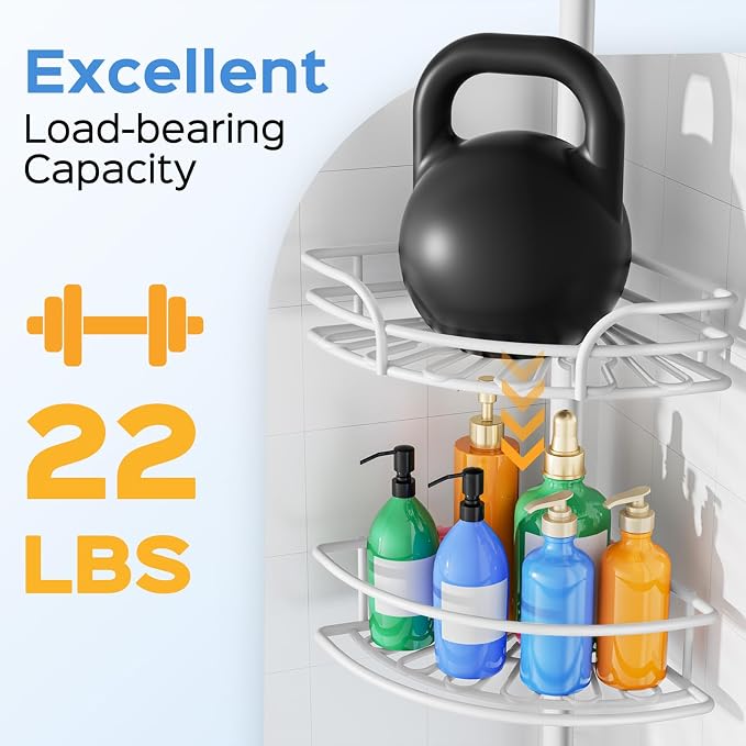 HAMITOR Shower Caddy Corner Tension Pole: 4-Tier Large Capacity Bathroom Organizer Shelf with Towel Bar - Rustproof No-Drill Adjustable 47-123 inch Storage for Renters, Home Bathtub Stand Rack, White - Image 4