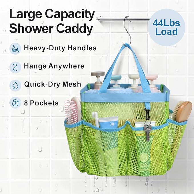 F-color Mesh Shower Caddy Portable, Upgrade Deeper 7 Pockets Shower Bag Basket Bag Tote for College Dorm Room Toiletry Bathroom Essentials Gym Camp Quick Dry 2 handles with S Hook - Image 3