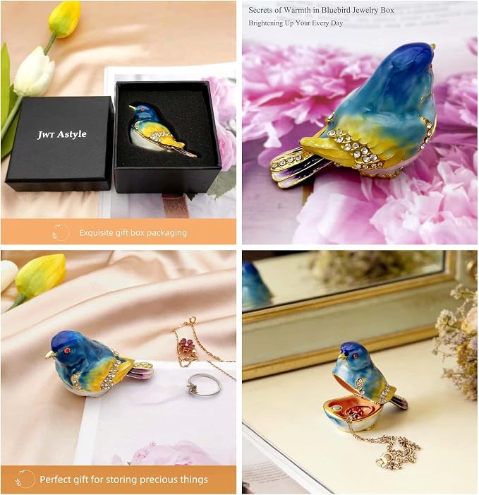 JWT Astyle Blue Mountain Bird Hinged Trinket Box with Crystal Stones .Animal Jewelry Box.Necklace Rings Earrings Storage.Bird Figurines Home Decor,Collectible Trinket Boxes Gift ., Blue Yellow - Image 5