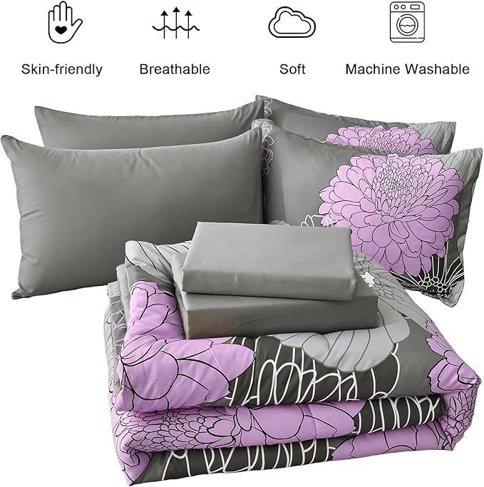 Yiran Cal King Comforter Set -7 Pieces Purple Grey Floral Comforter Set for All Seasons,Bed in a Bag Cal King Flowers Comforter with Flat Sheet Fitted Sheet Pillowshams Pillowcases