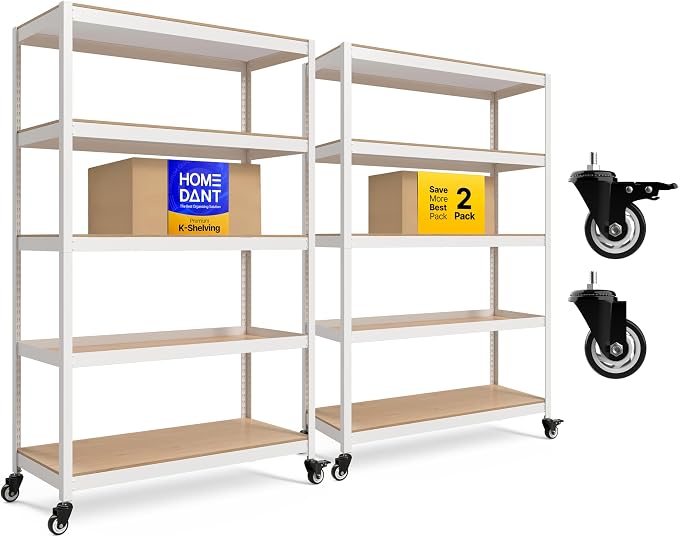 HOMEDANT House 48.1" 5-Tier Metal Rolling Cart Shelf Rack Casters Heavy Duty Laminated Wheel Shelving Unit Adjustable Utility Storage Shelves Shelf Kitchen Garage White 2Pack by TheBestOrganizingSolution