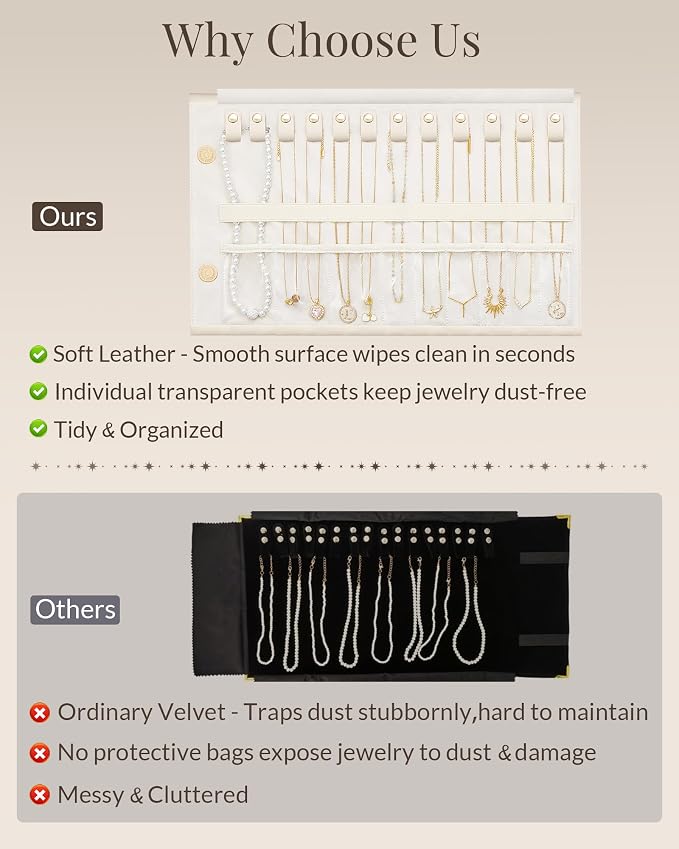 Lolalet Travel Necklace Organizer, Tangle-Free Necklace Case for Travel, Leather Foldable Roll Up Jewelry Storage Bag for Necklaces Chains Bracelets, Mothers Day Gift - Image 3