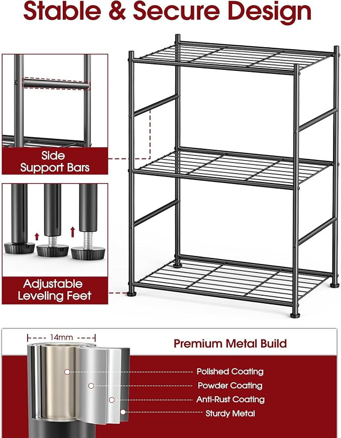 Sakugi 3-Tier Metal Storage Shelves - Space-Saving Shelf Organizer for Small Spaces, Compact Shelving Unit with Adjustable Feet for Kitchen, Garage, Laundry Room (17.7" x 12.5" x 30.1", Black) - Image 5