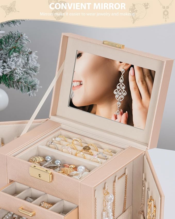 AKOZLIN 5-Tier Jewelry Box Leather Jewelry Storage Organizer with 4 Drawers Lockable for Women Girls Ring Necklace Earring Bracelet Watches Holder with Mirror Champagne - Image 7