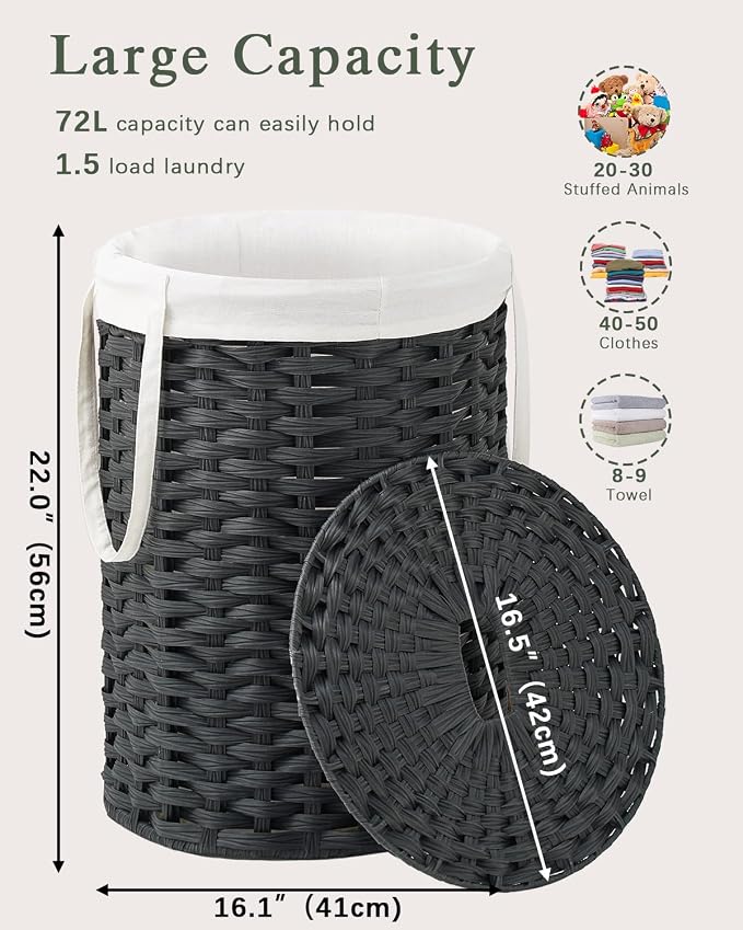 SETVSON Laundry Hamper with Lid Laundry Basket with Lid 19.0 Gal (72 L) Round Wicker Laundry Basket Handwoven Rattan Basket with Lid Removable Bag 2 Mesh Bags Handles for Living Room Bathroom Black - Image 4