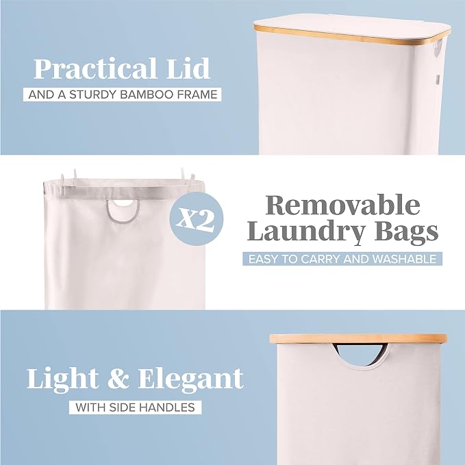 LONBET Laundry Basket with Lid, Made from Breathable Fabric | Aesthetic Clothes Hampers for Laundry with Side Handles & Sturdy Bamboo Frame (40 Gallons - Double, Beige) - Image 3