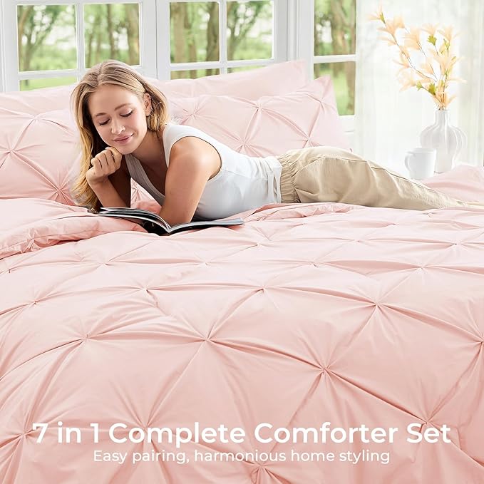 Sasttie Full Size Comforter Set, 7-Piece Bed in a Bag, Pintuck Bedding Set for All Season, Includes Comforter, Flat Sheet, Fitted Sheet, Pillowcases and Pillowshams, Blush Pink