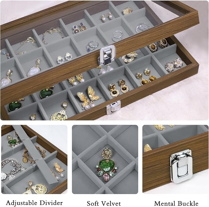 Stratalife Jewelry Organizer Vintage Jewelry Display Case Earring Box Wood Ring Storage with Lid Earrings Holder for Women Drawers 24 Grid - Image 2