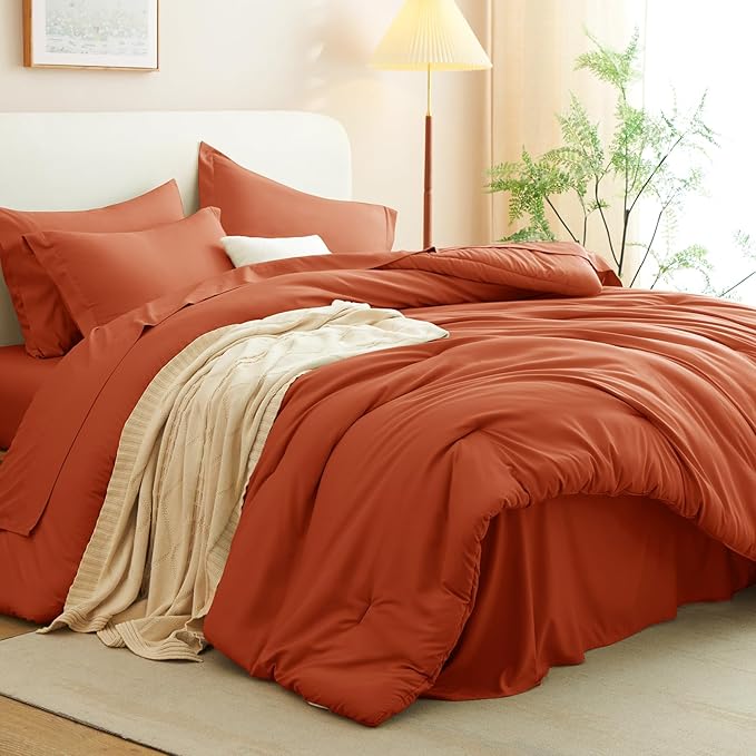 CozyLux Full Comforter Set Burnt Orange, 7 Pieces Bed in a Bag Terracotta Comforter Set with Sheets, All Season Boho7PC Bed Sets with Comforter, Fitted Sheet, Flat Sheet, Pillow Shams and Pillowcases