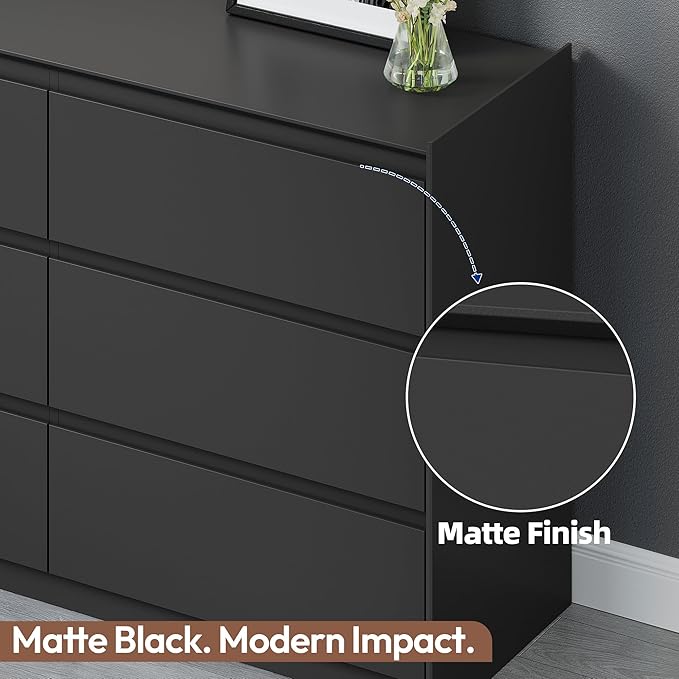 Extra Wide 9 Drawer Dresser for Bedroom, Modern Wooden Chest of Drawers, Sturdy Handle-Free Storage Cabinet with Anti-Tip Kit, Large Console Table for Master Room, Matte Black