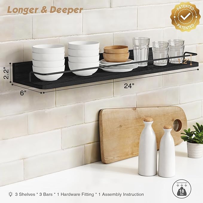 Forbena 24 Inch Wall Shelves for Bedroom 3-Pack, Black Floating Shelves with Rail, Vintage Large Floating Book Shelves for Bathroom Kitchen Living Room Office Decor Kids Room Legos Display (Black) - Image 3