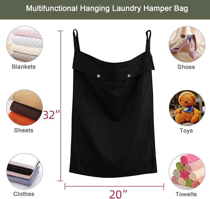 Linen Hanging Laundry Bag, 100% Linen Over The Door Laundry Hamper with Buttons and Zipper, Space Saving Door Hampers for Laundry Dirty Clothes Home Travel, Black - Image 2