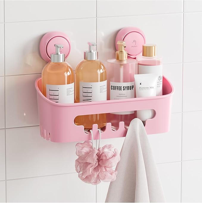 TAILI Shower Caddy Suction Cup, Heavy Duty Bathroom Organizer, Removable Shelves for Inside Shower, Shampoo, Waterproof Suction Plastic Storage for Bathroom Accessories Holder, Pink by TAILI