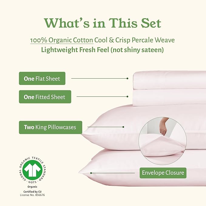 California Design Den 100% Organic Cotton Sheets King Size Deep Pocket Set - Soft and Crisp Percale King Sheet Set, Cooling and Durable Bedding (Pink - Chalky Tone)