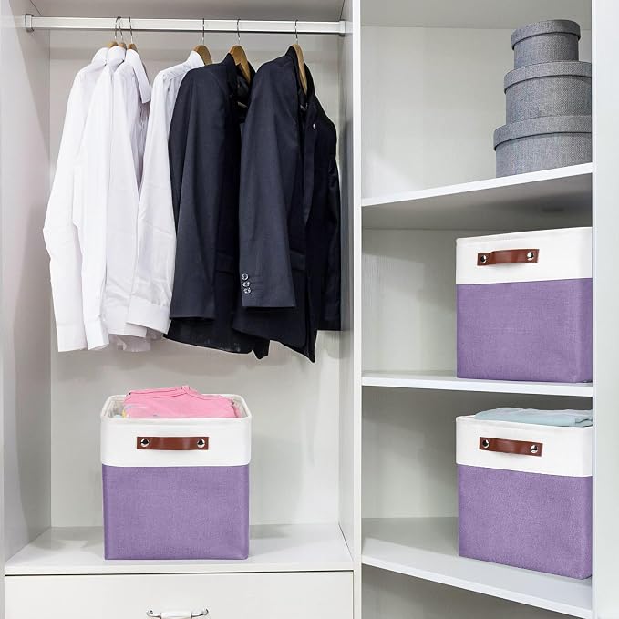 Bagnizer Collapsible Fabric Storage Cubes 11x11 Cube Storage Bins, 4 Pack Closet Baskets Box with Handles for Organizing, Shelf, Toys, Clothes, Home, Office, Nursery (Purple&White) - Image 3