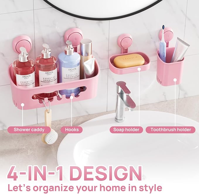 LEVERLOC Shower Caddy Suction Cup Set Shower Organizer & Soap Holder & Toothbrush Holder, Bathroom Shelf Basket NO-Drilling, Removable Suction Storage Waterproof Bathroom Caddy, Pink - Image 9