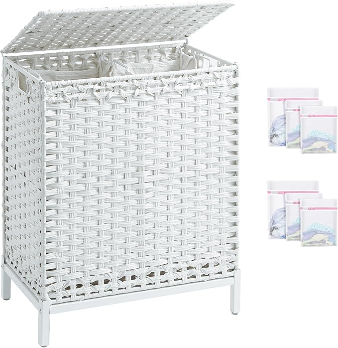 SETVSON Laundry Hamper with Lid,112 L Handwoven Rattan Wicker Laundry Basket, 2 Removable Liner Bags Metal Heightened Feet,6 Mesh Bags,2 Section Large Clothes Hamper for Bathroom Bedroom, Cloud White by SETVSON
