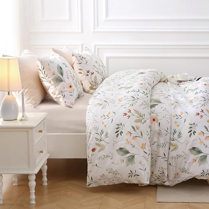 MUXHOMO Garden Leaves Bed in a Bag Queen 7 Pieces, Queen Comforter Set Reversible Botanical Flowers Design, Ultra Soft & Breathable Bedding Sets with Comforter, Sheets, Pillowcases & Shams