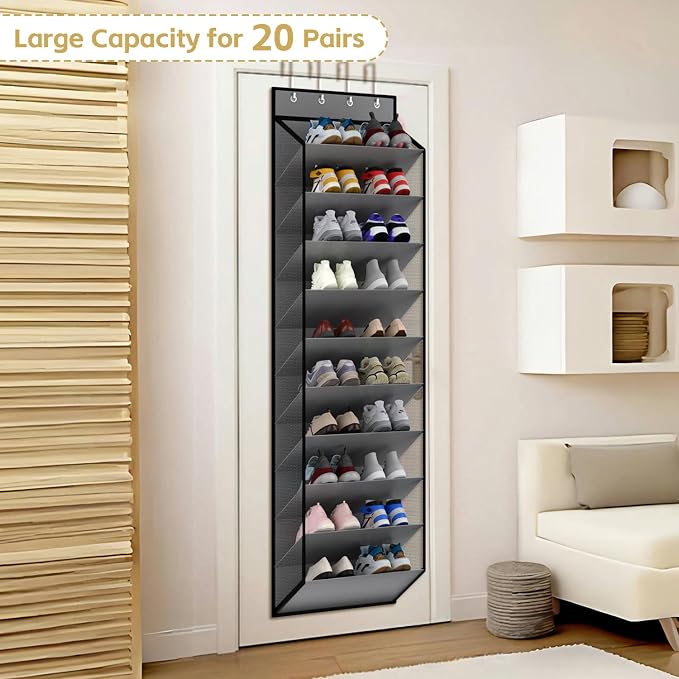 KEEPJOY 10 Tiers Mesh Over Door Shoe Organizer Storage, Hanging Shoe Holder for Door with Large Deep Pockets, Holds 20-30 Pairs of Shoes, Ideal for Sneakers & Boots(Grey) - Image 4