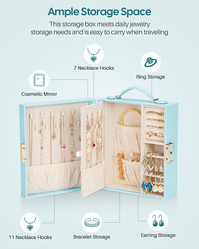Enthralite Large Travel Jewelry Case: Portable Necklace Box with Mirror - PU Leather & Velvet Lined Jewelry Organizer for Ring Earring Bangle Bracelets Watch - Birthday Gift for Her - Image 4