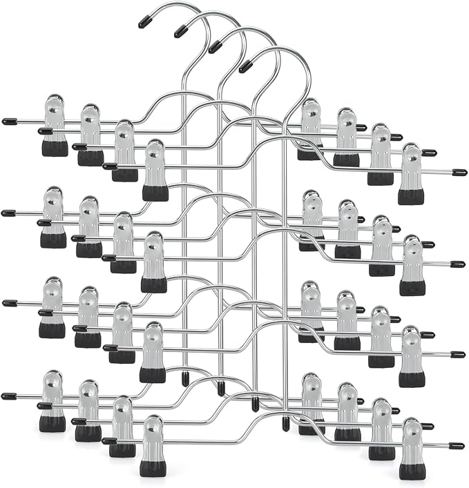 TOPIA HANGER 4 Tier Metal Skirt Hangers for Women, Pants Hanger Space Saving with Adjustable Clips, Gain 70% More Space, Non Slip Grip for Slacks, Trousers, Shorts, Jeans, Towels, Black, 4-Pack, CT61B by TOPIAHANGER
