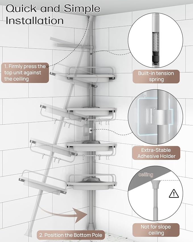 ALLZONE Corner Shower Caddy Tension Pole, Extendable Rustproof Stainless Steel Pole & 4-Tier Adjustable Shelves for Easy Drainage and Built-to-Last Stability, 34 to 116 Inches, Grey - Image 4