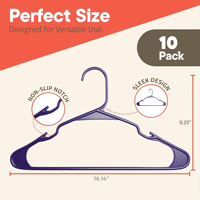 Purple Plastic Hangers 10 Pack– Heavy-Duty Plastic Hangers Slim and Space-Saving, Durable and Lightweight with Non-Slip Shoulder Notches for Slip Dresses, Suits, Jackets & Camisoles - Image 2